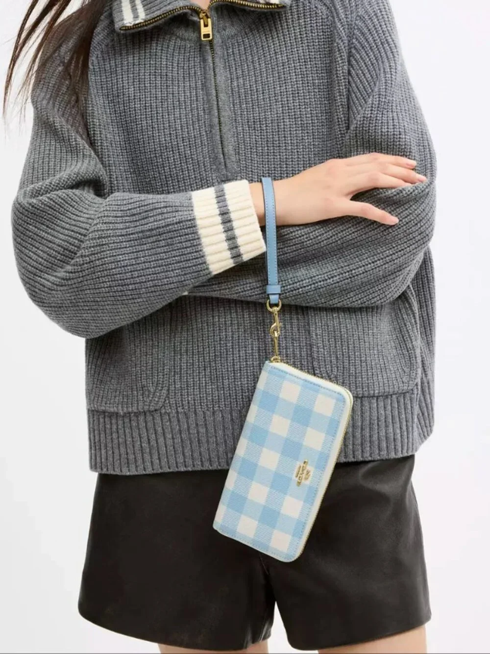 Long Zip Around Wallet With Gingham Print CFA13